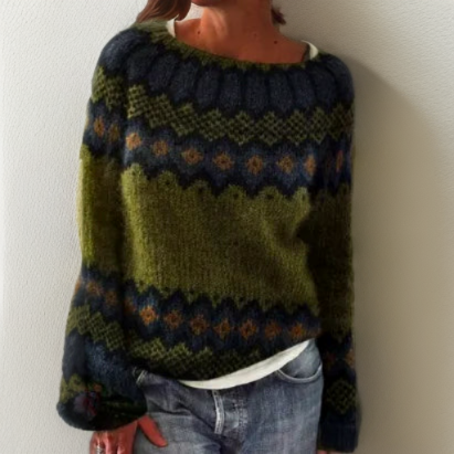 Dames Wintertrui met Wijde Ronde Hals en Scandinavisch Patroon Donkergroen