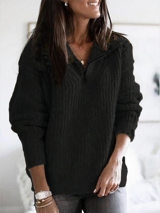 Dames Gebreide Trui met Rits – Warme Losvallende Pullover Zwart