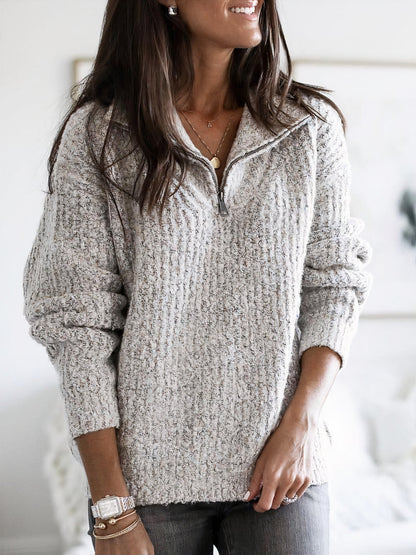 Dames Gebreide Trui met Rits – Warme Losvallende Pullover Grijs