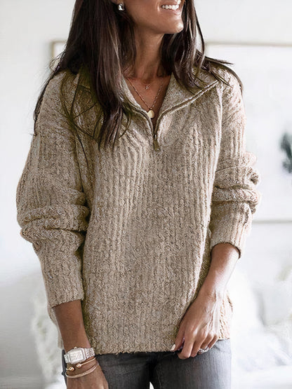 Dames Gebreide Trui met Rits – Warme Losvallende Pullover Khaki