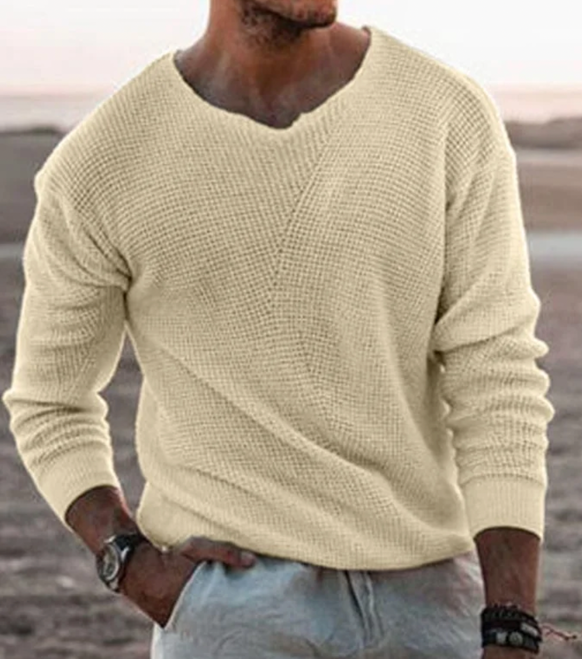 Heren Gebreide Trui met V-hals en Textuurpatroon Beige
