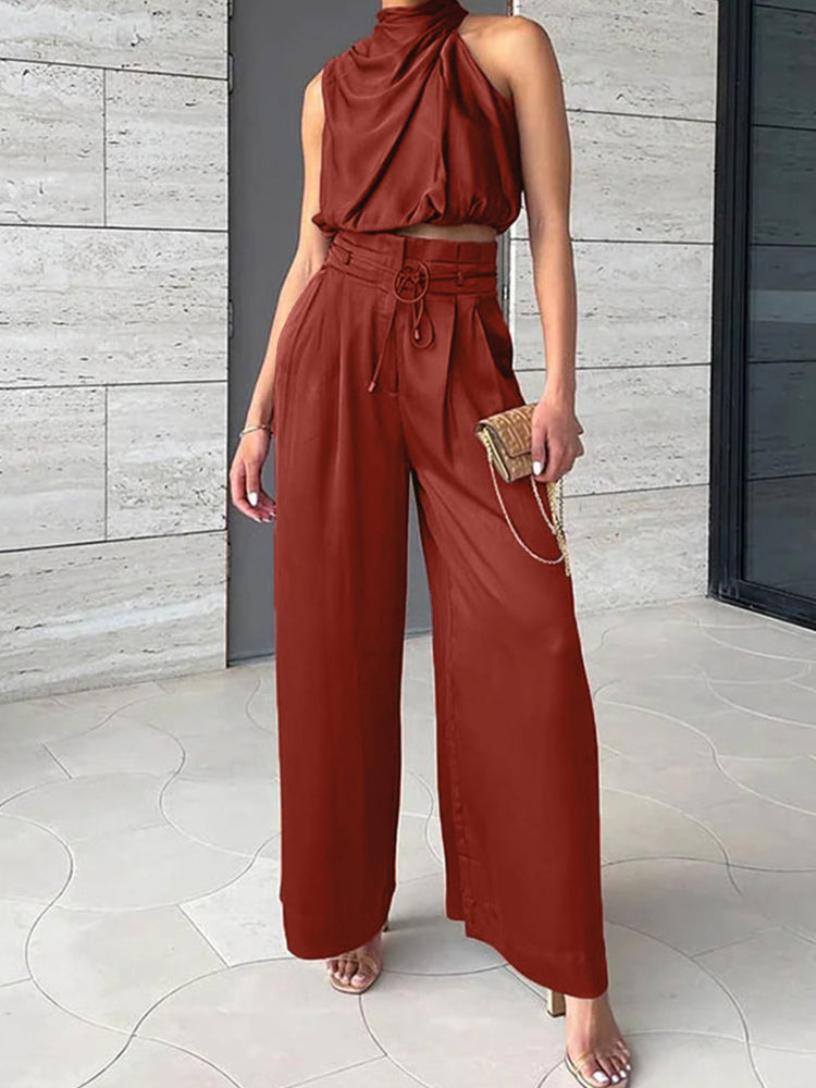 Dames Tweedelige Set Haltertop met Eén Schouder en Wijde Broek Rood