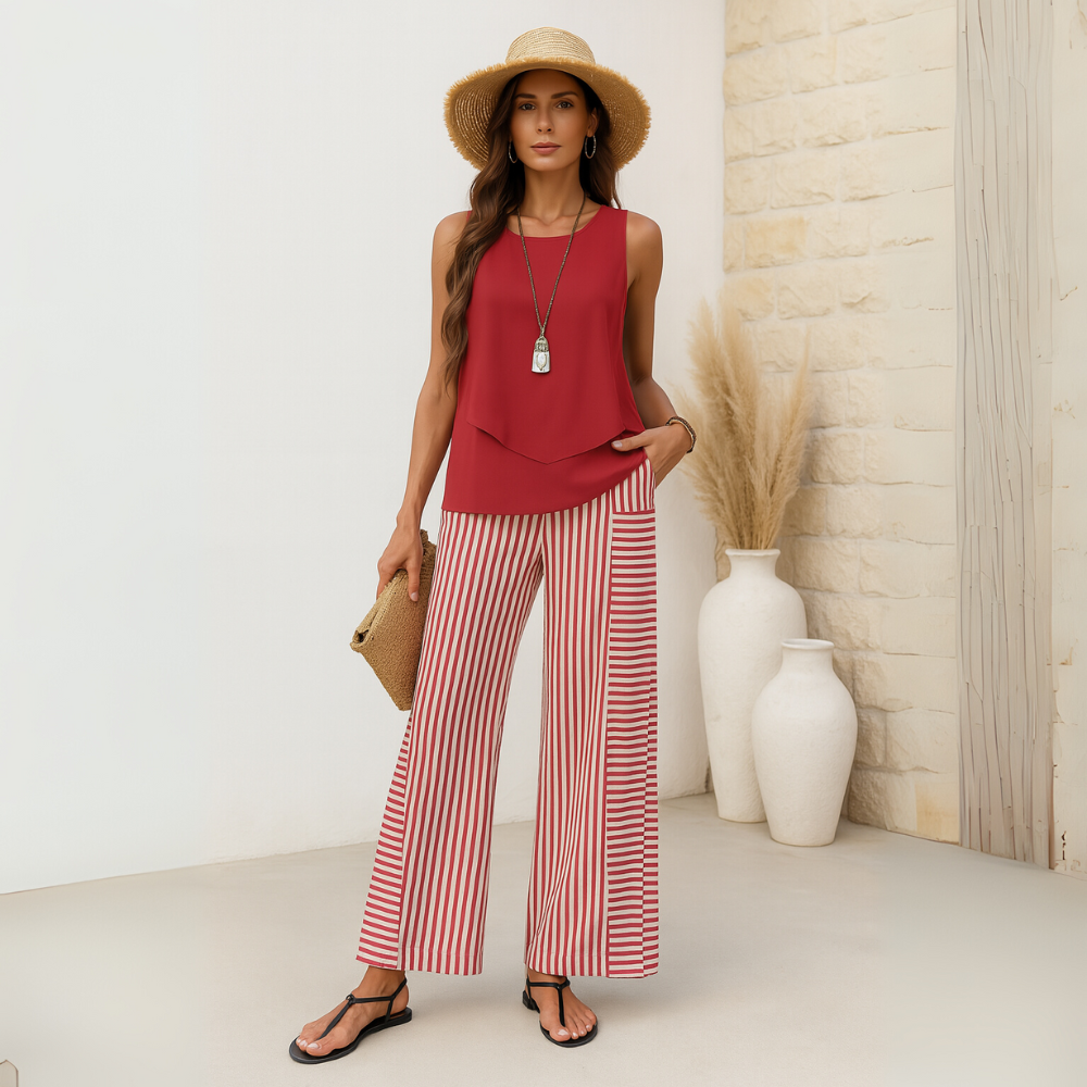 Dames Tweedelige Set met Mouwloos Top en Wijde Broek Rood