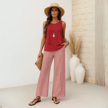 Dames Tweedelige Set met Mouwloos Top en Wijde Broek Rood