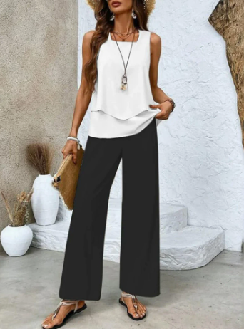 Dames Tweedelige Set met Mouwloos Top en Wijde Broek Wit