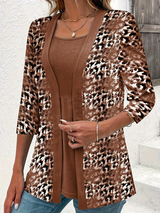 Dames Top met Luipaardmotief Vest Kledingset Bruin