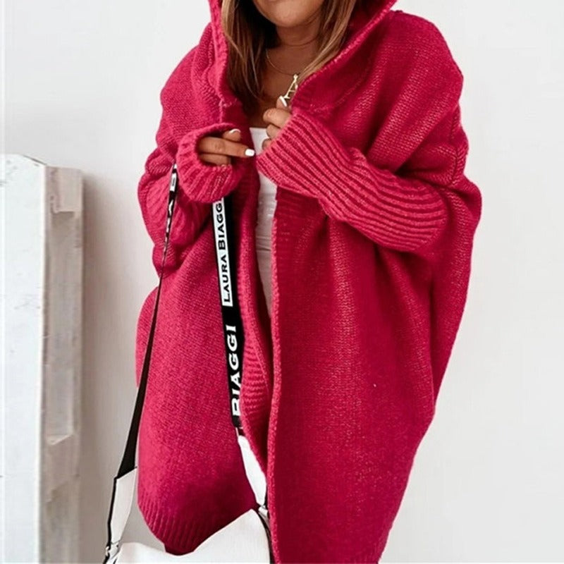 Dames Lang Gebreid Vest met Capuchon en Vleermuismouwen Oversized Rood