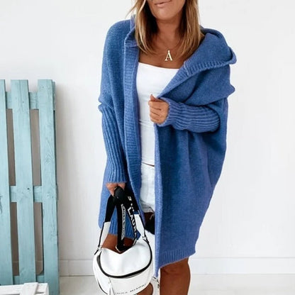 Dames Lang Gebreid Vest met Capuchon en Vleermuismouwen Oversized Blauw