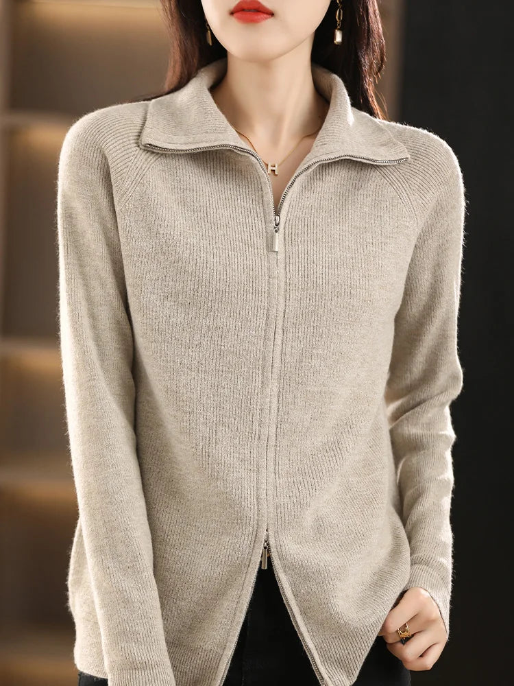 Dames Vest Lange Mouwen met Dubbele Rits en Comfortabele Pasvorm Beige