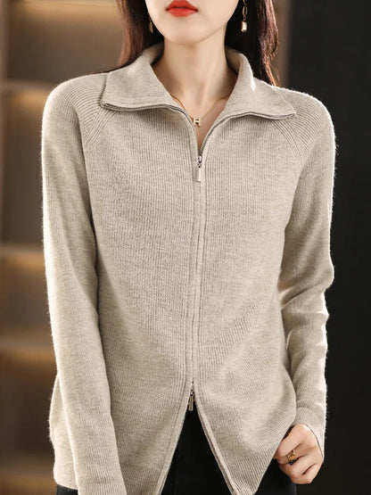 Dames Vest Lange Mouwen met Dubbele Rits en Comfortabele Pasvorm Beige