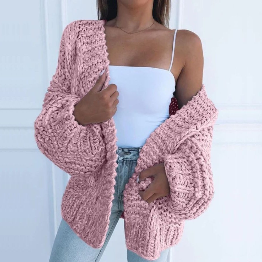 Dames Gebreid Vest met Losse Pasvorm en Lange Mouwen voor Herfst en Winter Roze