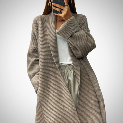 Dames Lang Cardigan Vest met Geribbelde Textuur en Oversized Pasvorm Taupe