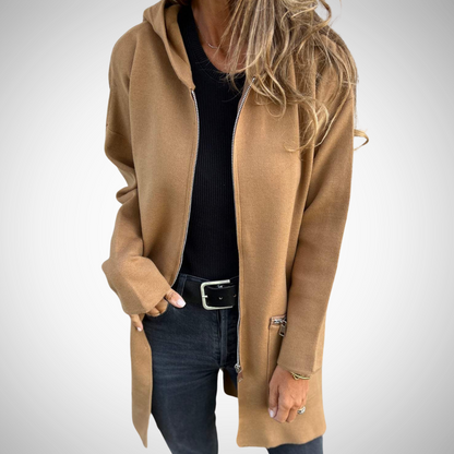 Dames Lang Vest met Capuchon en Open Voorzijde voor Casual Look Bruin