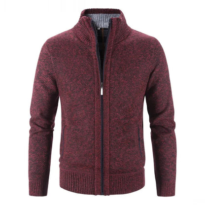Heren Gebreid Vest met Ritssluiting en Standkraag Bordeauxrood