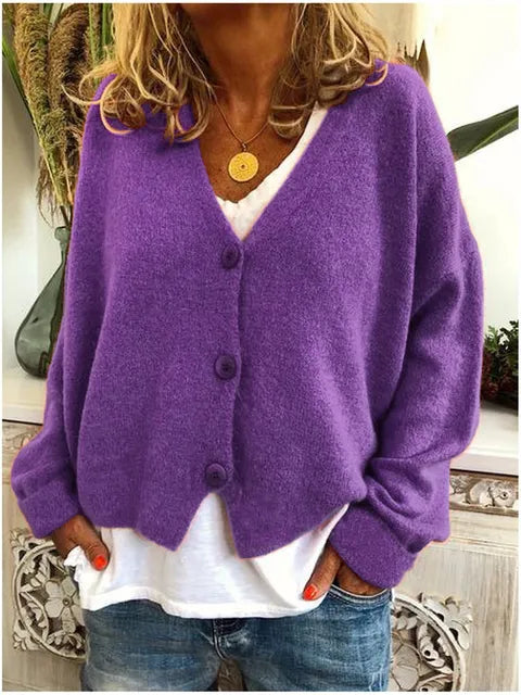 Dames Cardigan Vest met Knoopsluiting en Lange Mouwen Paars