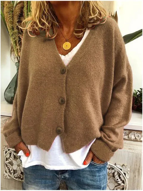 Dames Cardigan Vest met Knoopsluiting en Lange Mouwen Khaki