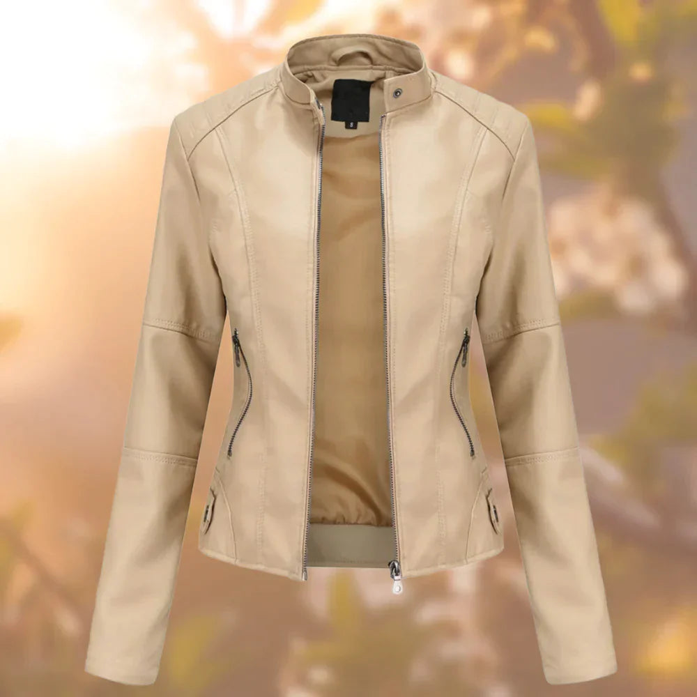 Dames Tussenjas met Hoge Col en Metalen Accenten Beige