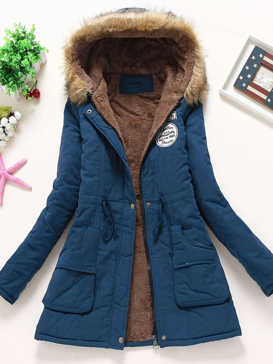 Dames Winter Parka met Capuchon en Imitatiebontkraag voor Koude Dagen Marineblauw