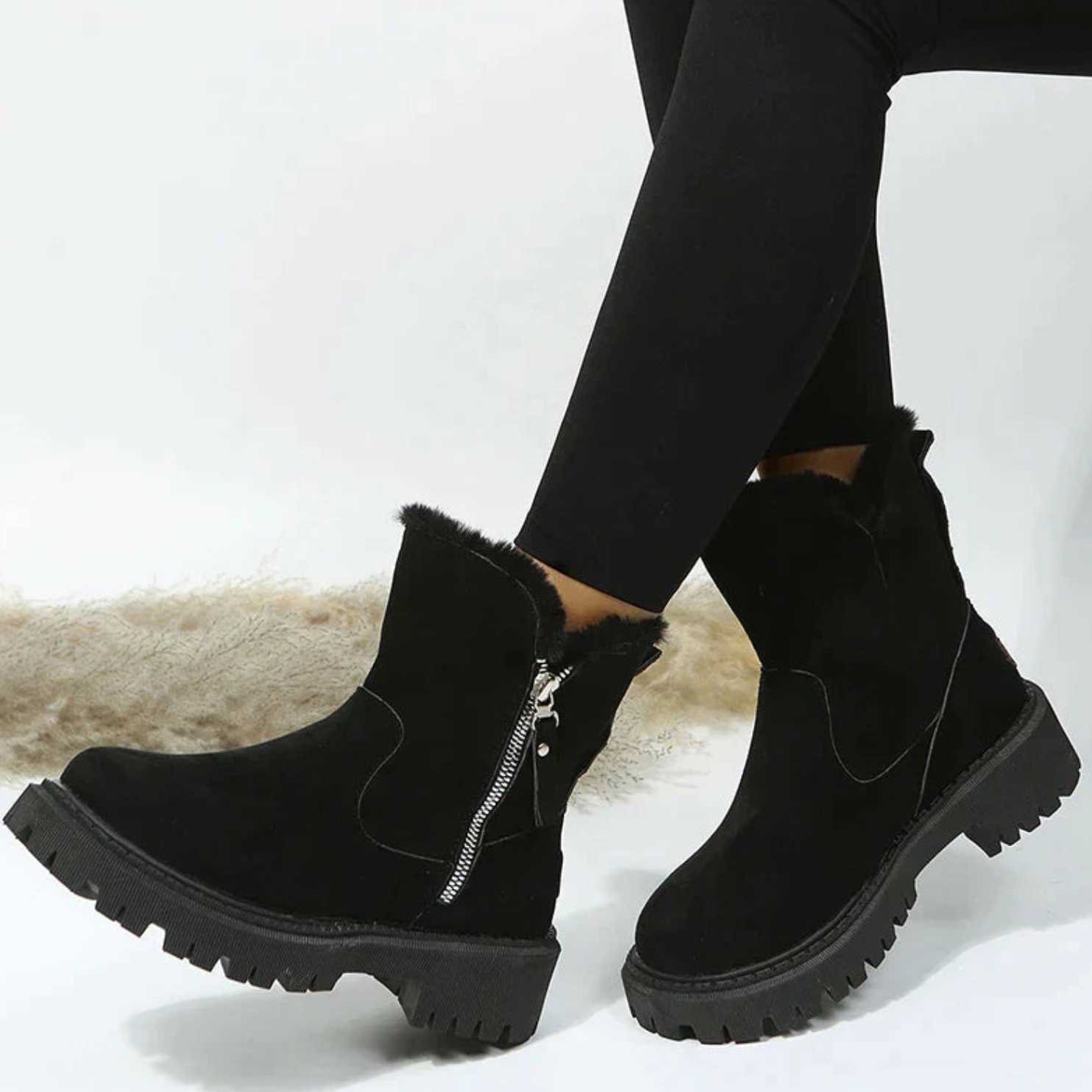 Dames Winterboots Enkelhoogte met Hoge Zool en Zachte Voering Zwart