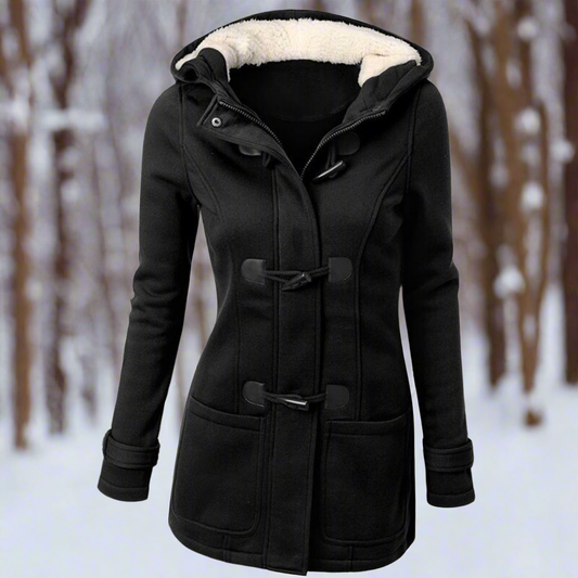 Dames Fleece Winterjas met Duffle Sluiting en Capuchon Zwart