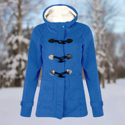 Dames Fleece Winterjas met Duffle Sluiting en Capuchon Blauw