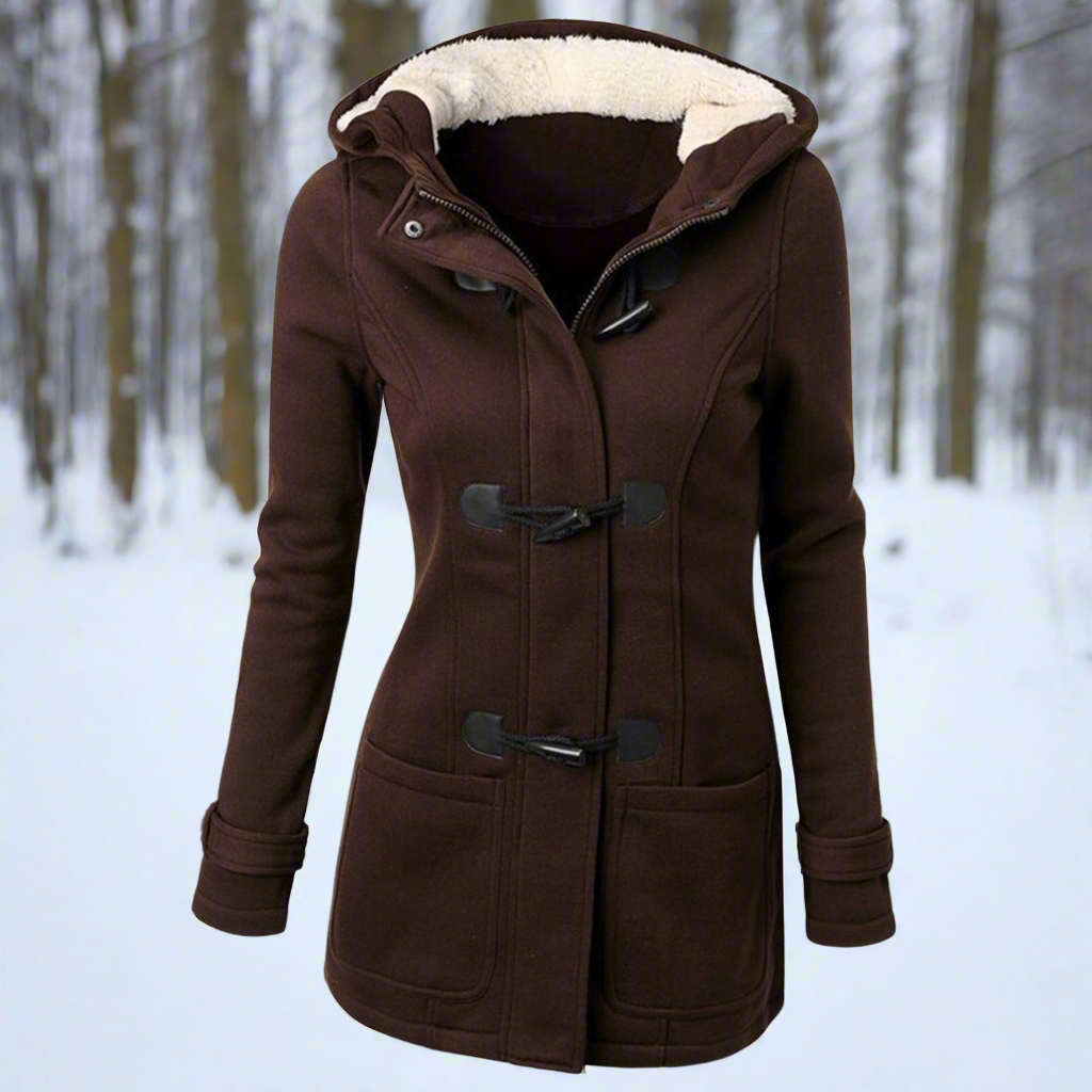 Dames Fleece Winterjas met Duffle Sluiting en Capuchon Donkerbruin
