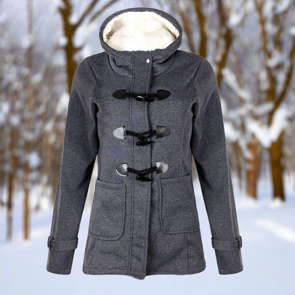 Dames Fleece Winterjas met Duffle Sluiting en Capuchon Donkergrijs