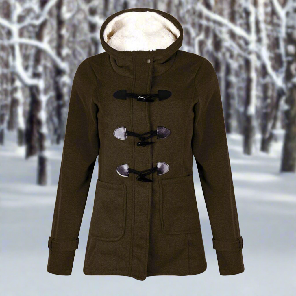 Dames Fleece Winterjas met Duffle Sluiting en Capuchon Olijfgroen