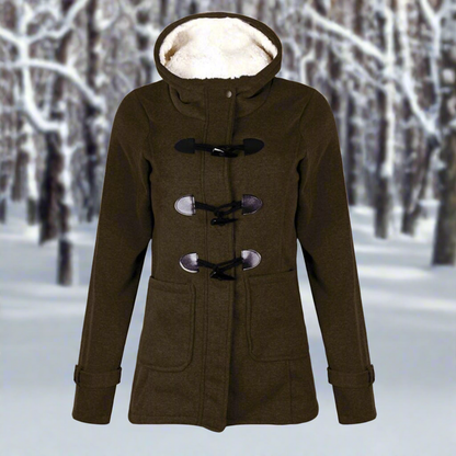 Dames Fleece Winterjas met Duffle Sluiting en Capuchon Olijfgroen