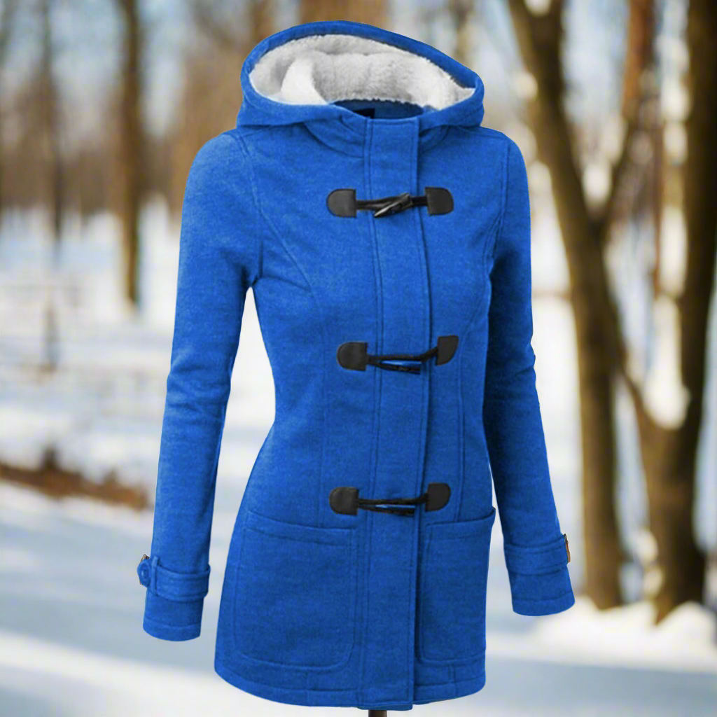 Dames Fleece Winterjas met Duffle Sluiting en Capuchon Donkerblauw