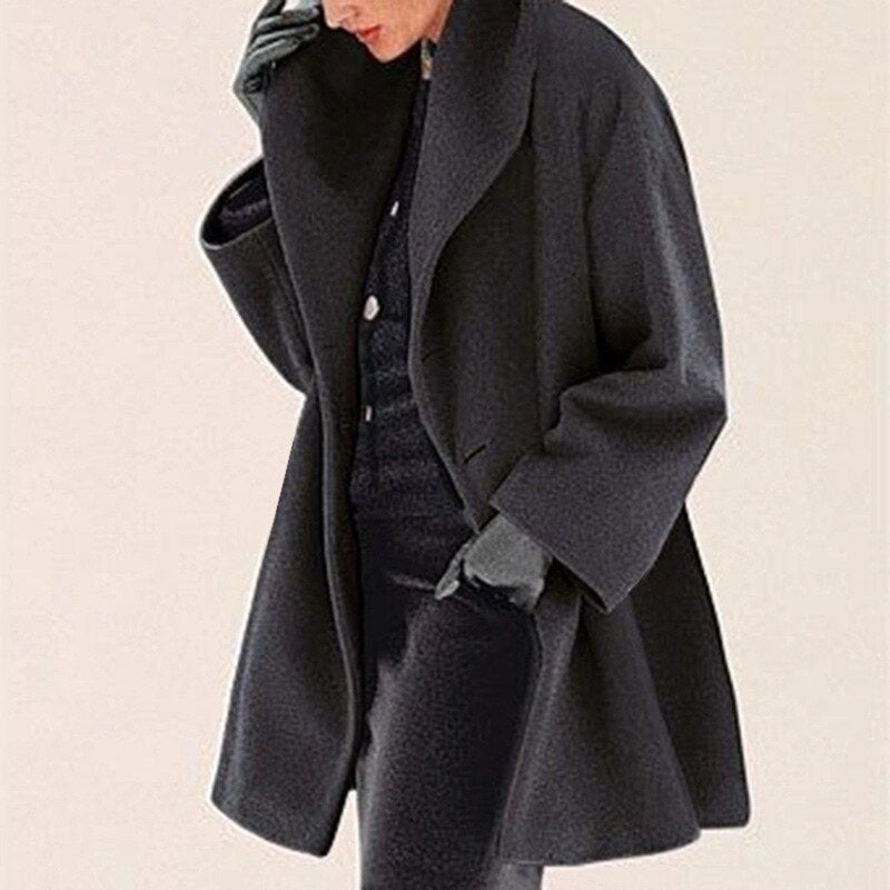 Dames Trenchcoat Winterjas met Brede Kraag en Zijzakken Zwart