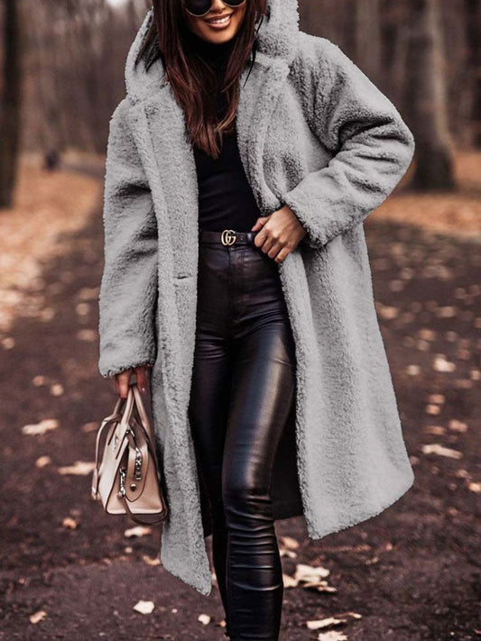 Dames Lange Winterjas Teddy met Capuchon Grijs