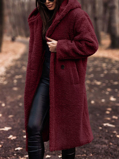 Dames Lange Winterjas Teddy met Capuchon Bordeauxrood