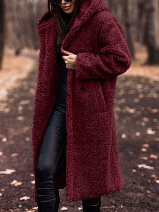 Dames Lange Winterjas Teddy met Capuchon Bordeauxrood