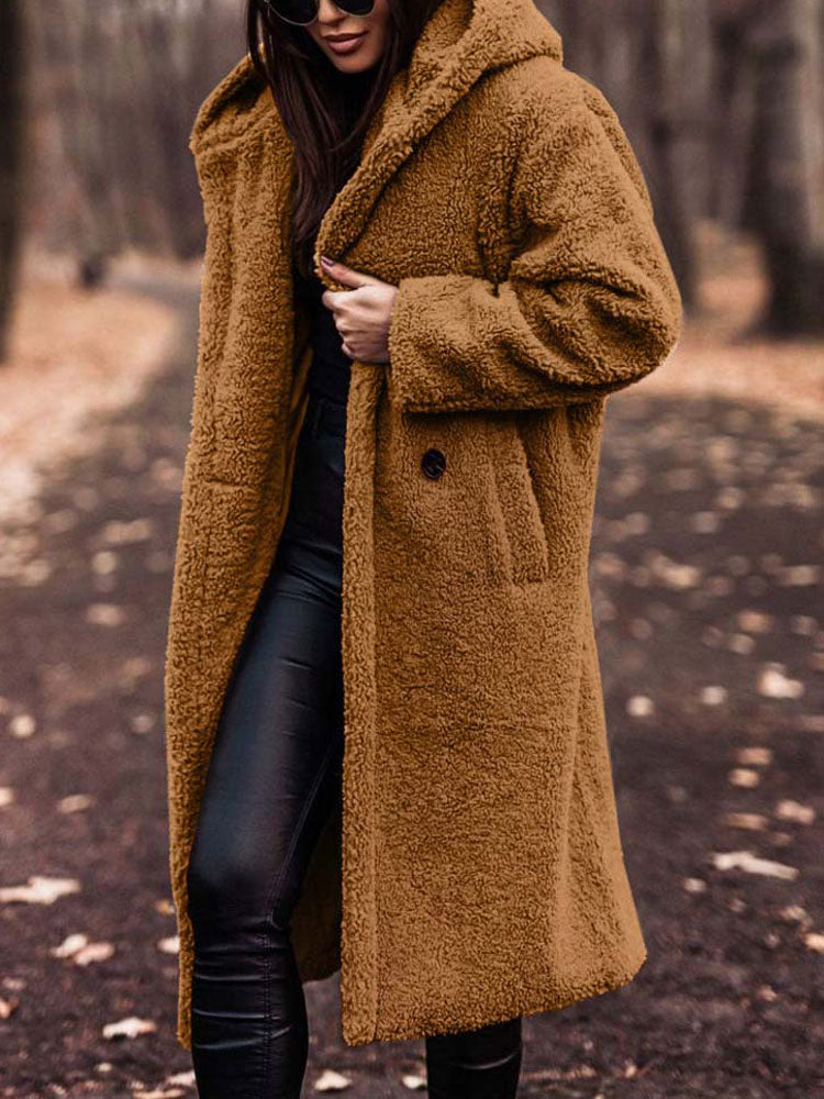 Dames Lange Winterjas Teddy met Capuchon Brons
