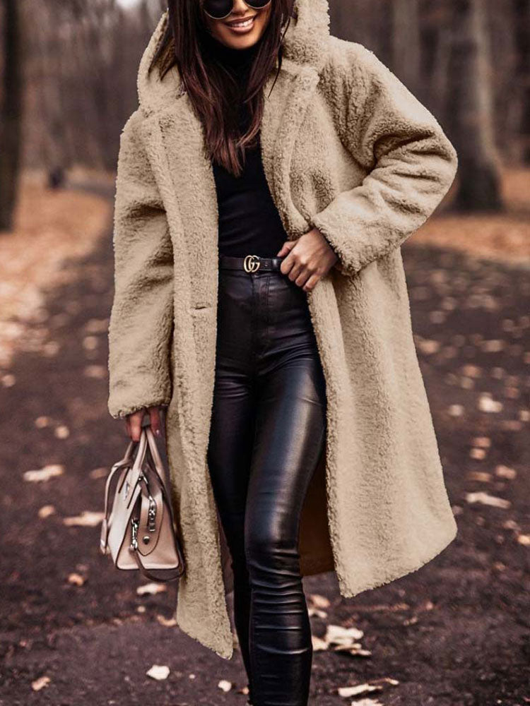 Dames Lange Winterjas Teddy met Capuchon Beige