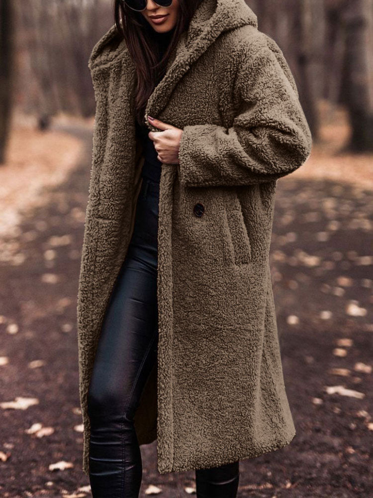Dames Lange Winterjas Teddy met Capuchon Taupe
