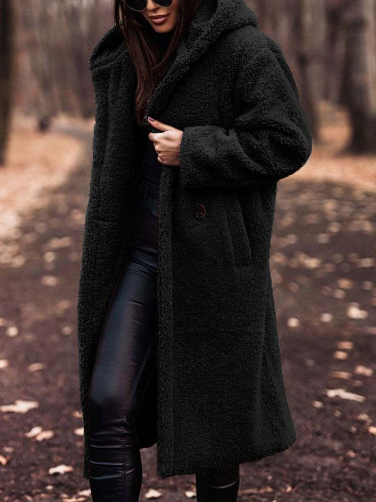 Dames Lange Winterjas Teddy met Capuchon Zwart