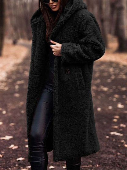 Dames Lange Winterjas Teddy met Capuchon Zwart