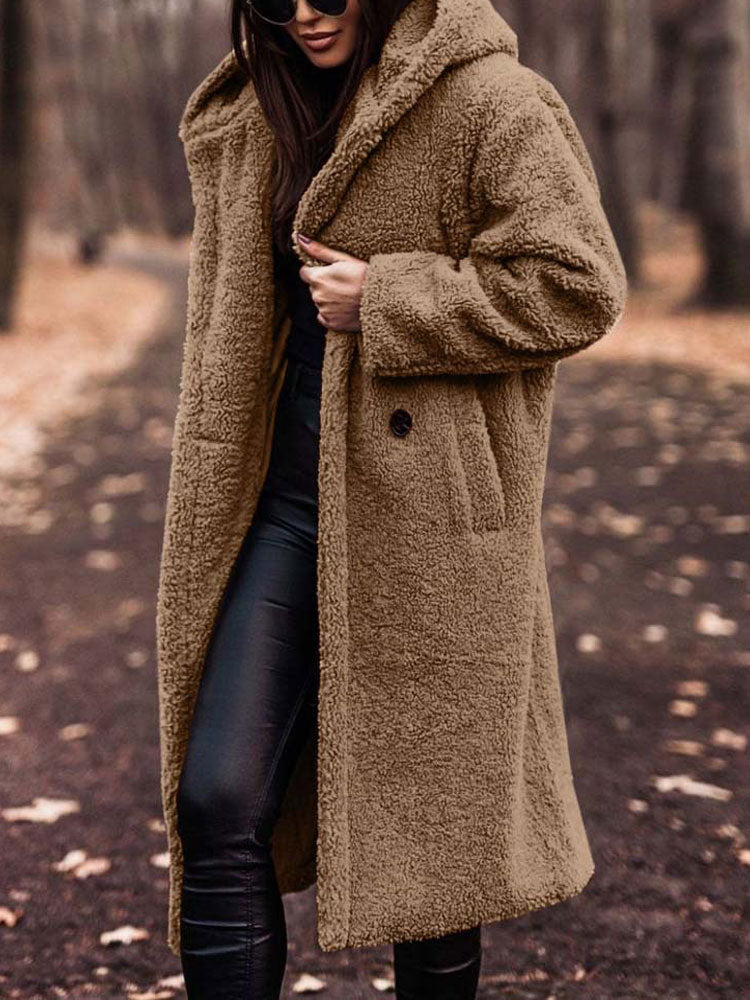 Dames Lange Winterjas Teddy met Capuchon Lichtbruin