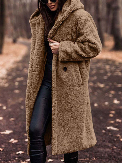 Dames Lange Winterjas Teddy met Capuchon Lichtbruin