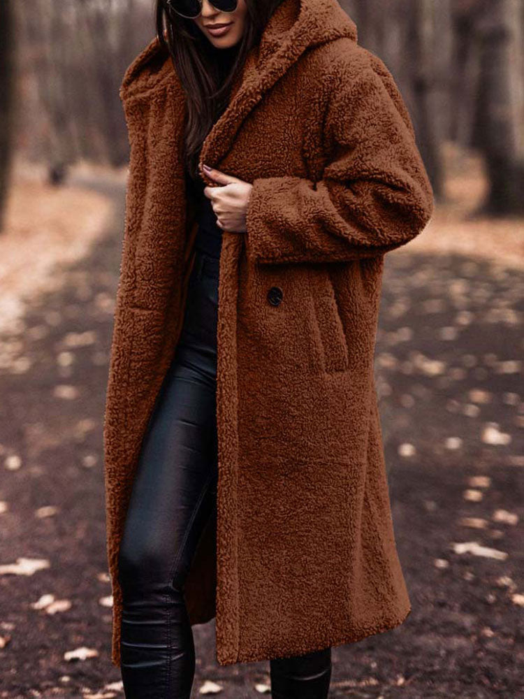 Dames Lange Winterjas Teddy met Capuchon Donkerbruin