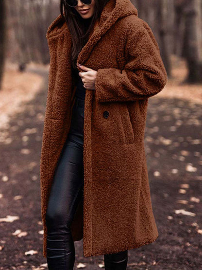 Dames Lange Winterjas Teddy met Capuchon Donkerbruin