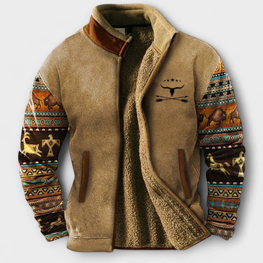 Warm Fleece Heren Jas met Westerse Print Bruin