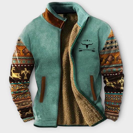 Warm Fleece Heren Jas met Westerse Print Turquoise