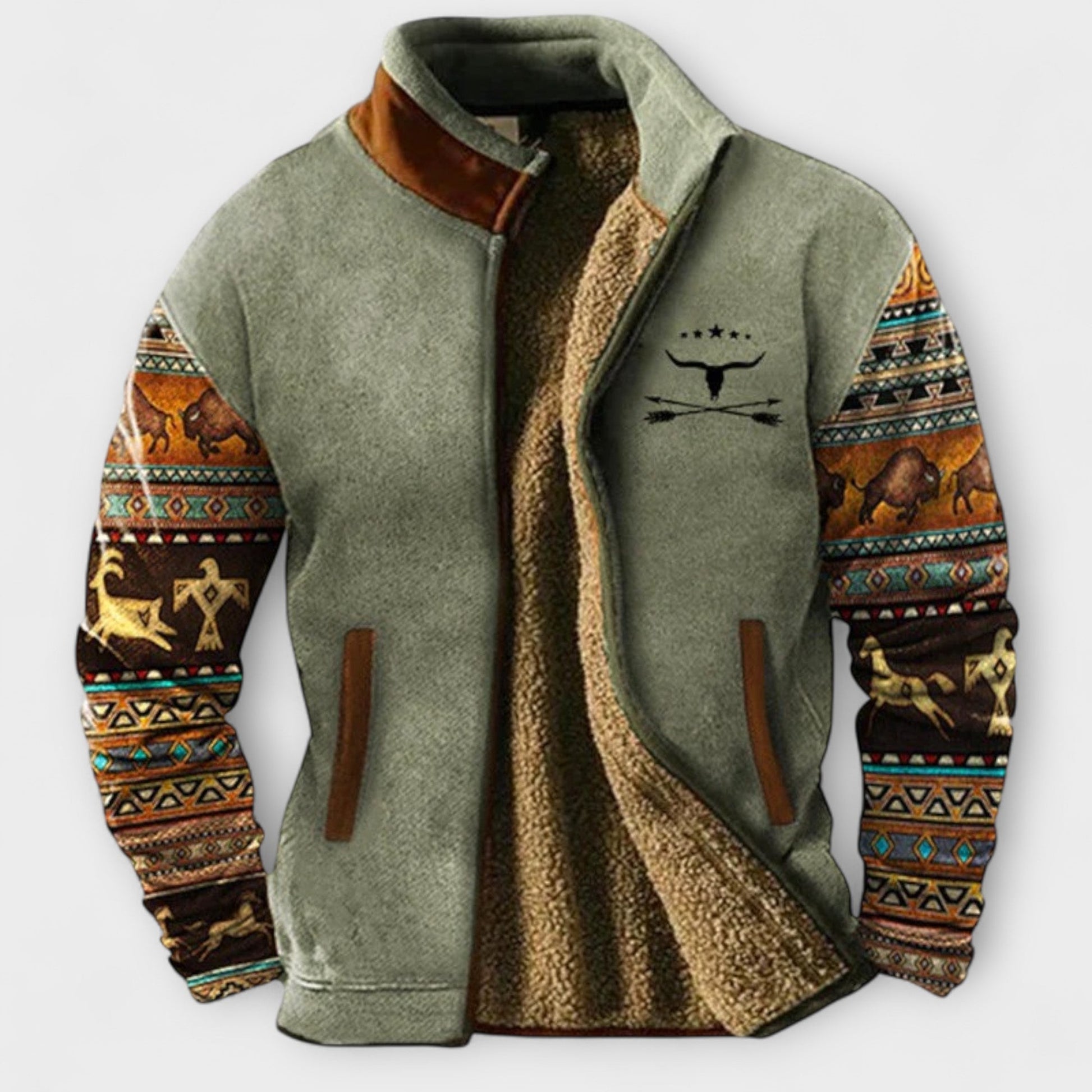 Warm Fleece Heren Jas met Westerse Print Lichtgroen