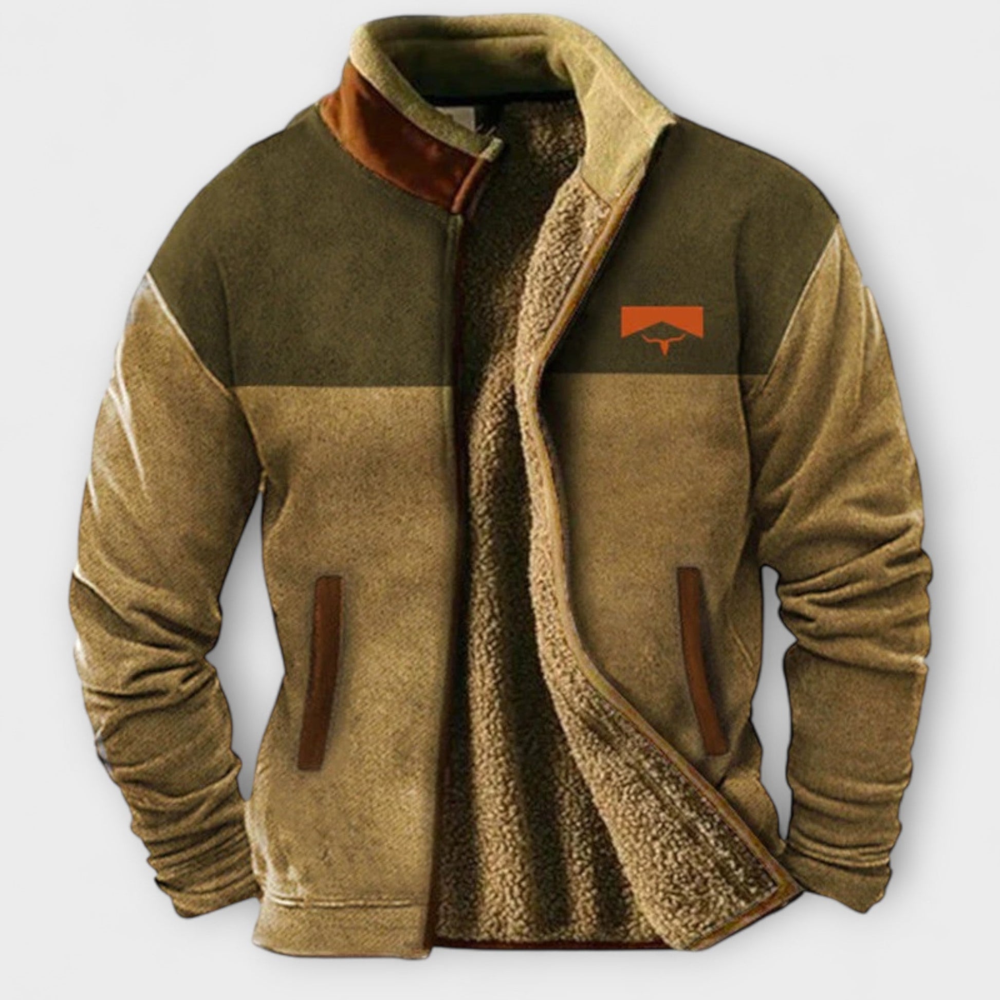 Warm Fleece Heren Jas met Westerse Print Khaki