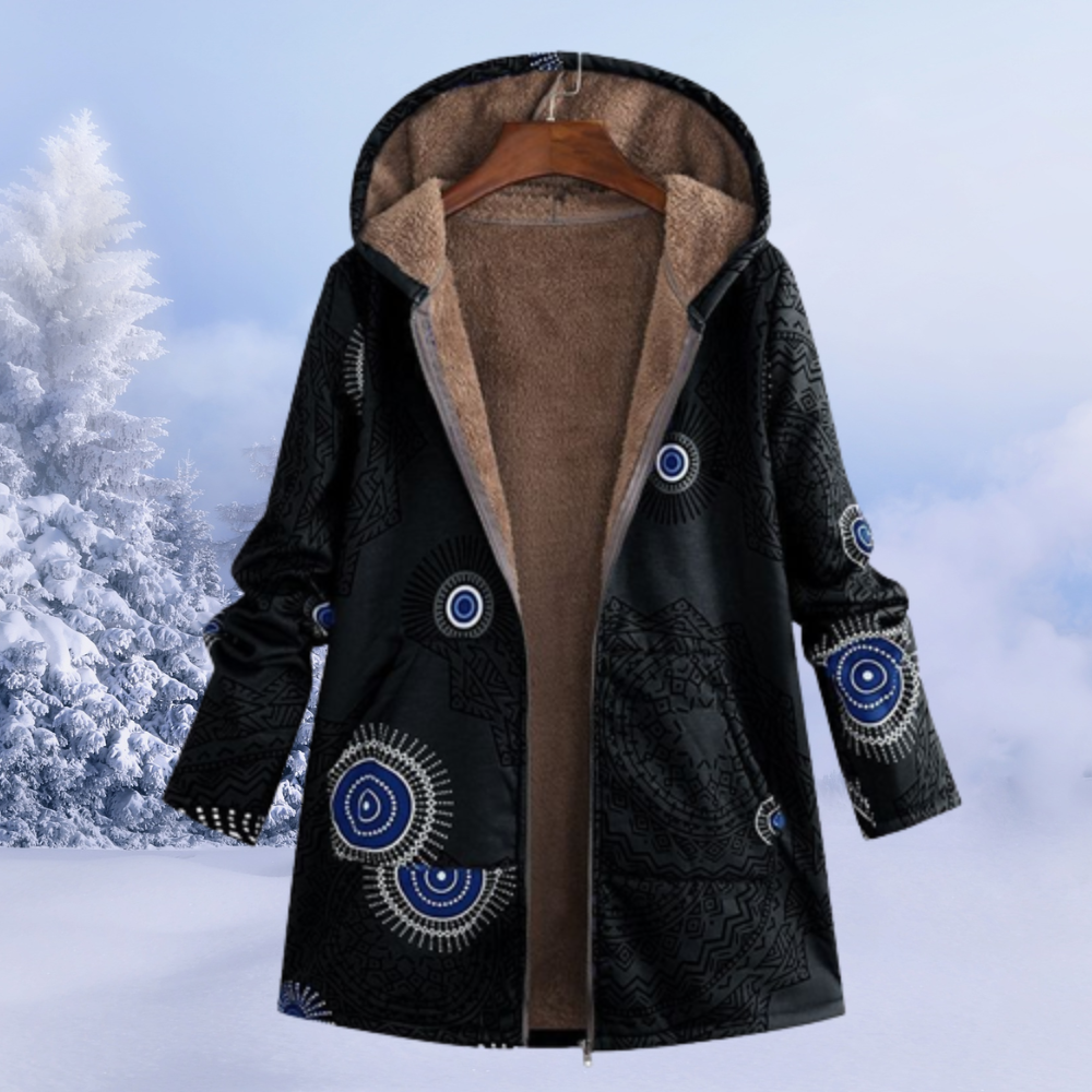 Dames Gevoerde Winterjas met Print en Capuchon Zwart
