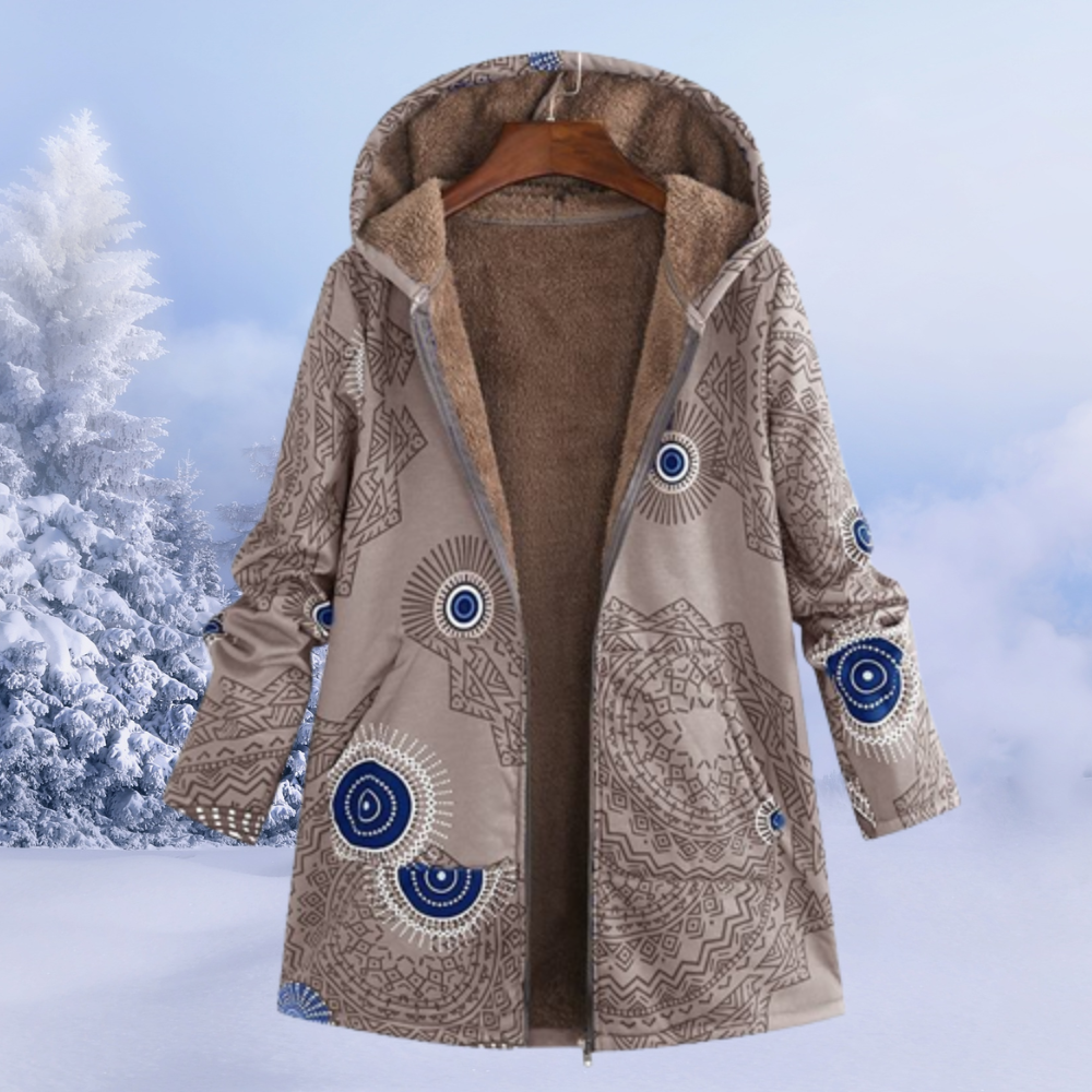 Dames Gevoerde Winterjas met Print en Capuchon Beige