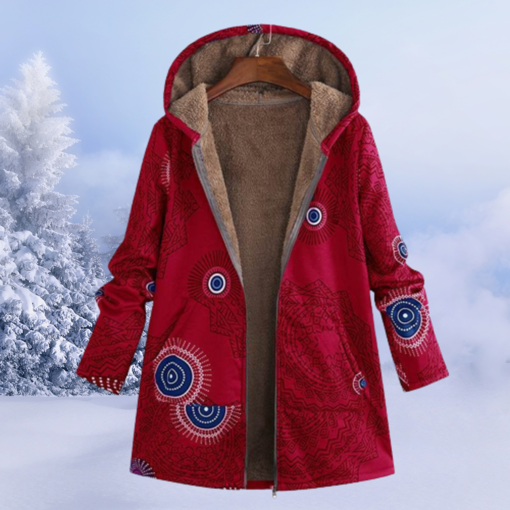 Dames Gevoerde Winterjas met Print en Capuchon Rood